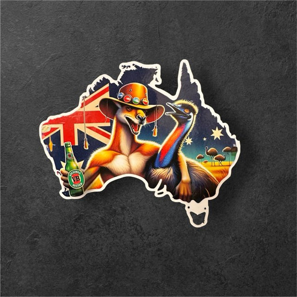 Adesivo / Decalcomania Mappa Australia Con Emu, Canguro E Mulino A Vento Per Auto, Camper, Furgone - 240x226mm