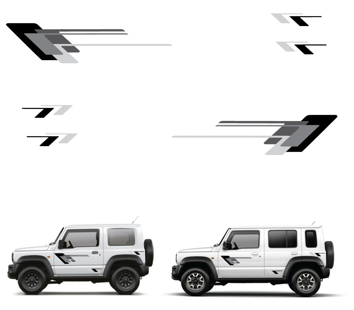 Two white SUVs with black and gray graphics on a white background
