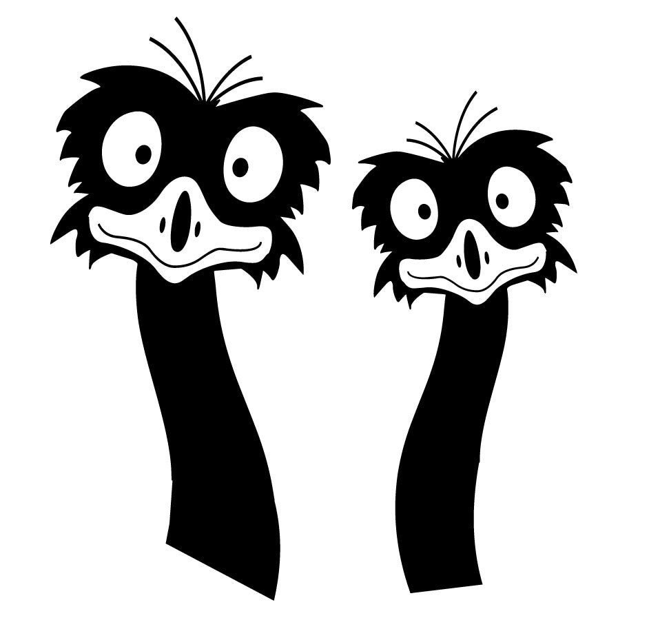 Two cartoonish Emu heads sticker decals for vehicle car motorhome window 
