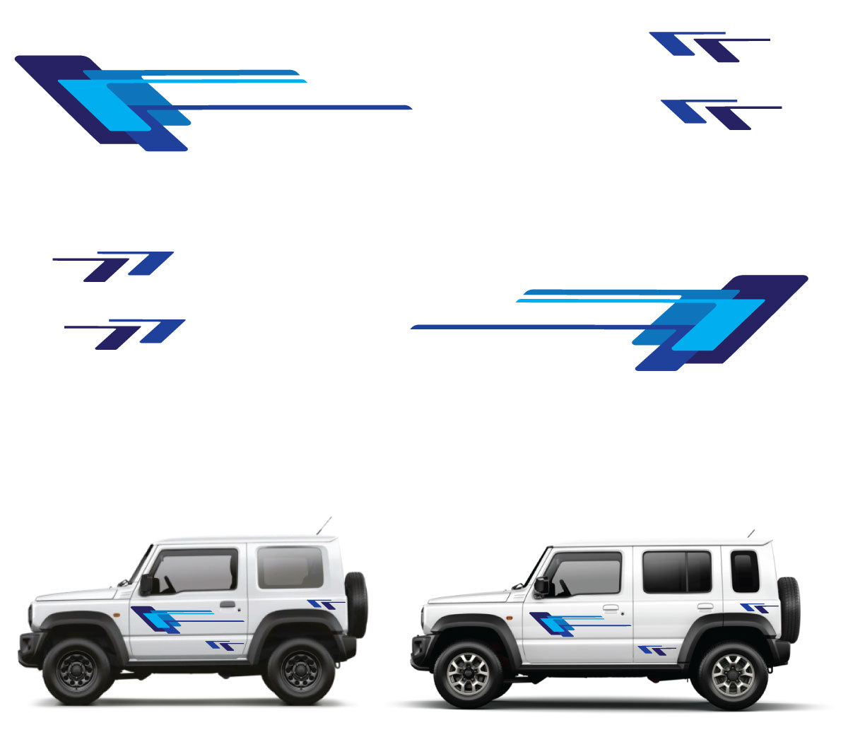 Two white SUVs with blue and black stripes on a white background