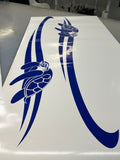 A set of two blue vinyl stickers with a turtle design and stripes, intended for use on vehicles such as boats and caravans.
