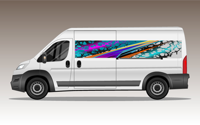 Motorhome wrap print vinyl modern lightening design in pink purple yellow and blue abstract design