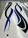 A set of stripe decals with a blue, black, and white design intended for use on vehicles such as motorhomes or boats.