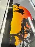 Rectangular decal featuring kangaroos with birds and Australian sunset with a beautiful tree