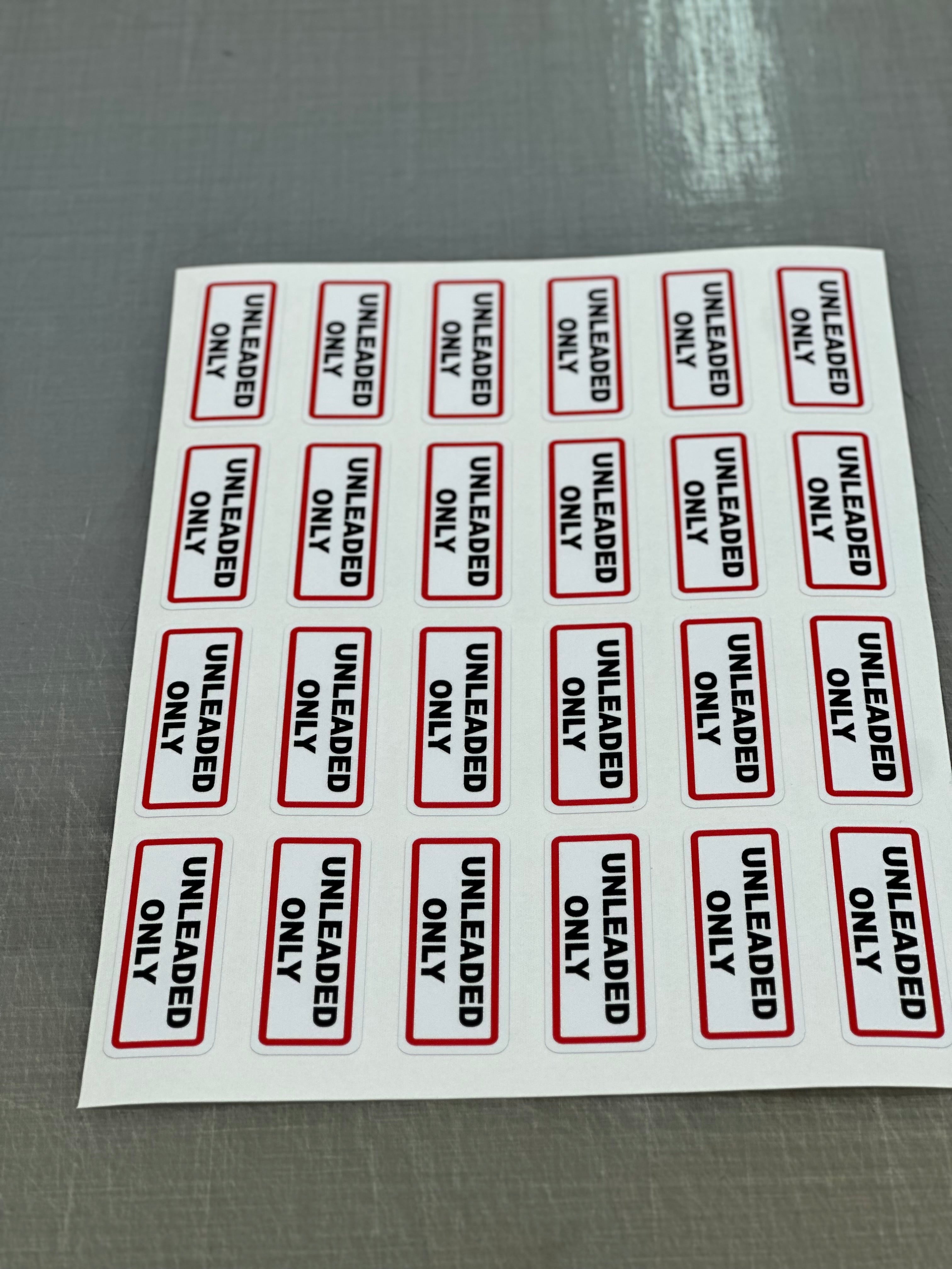 Unleaded Only Fuel Stickers Sheet of 24, Waterproof UV Resistant Vinyl Labels for Vehicles, Fleets, Campervans and Fuel Stations, 65x25mm Red Black Print