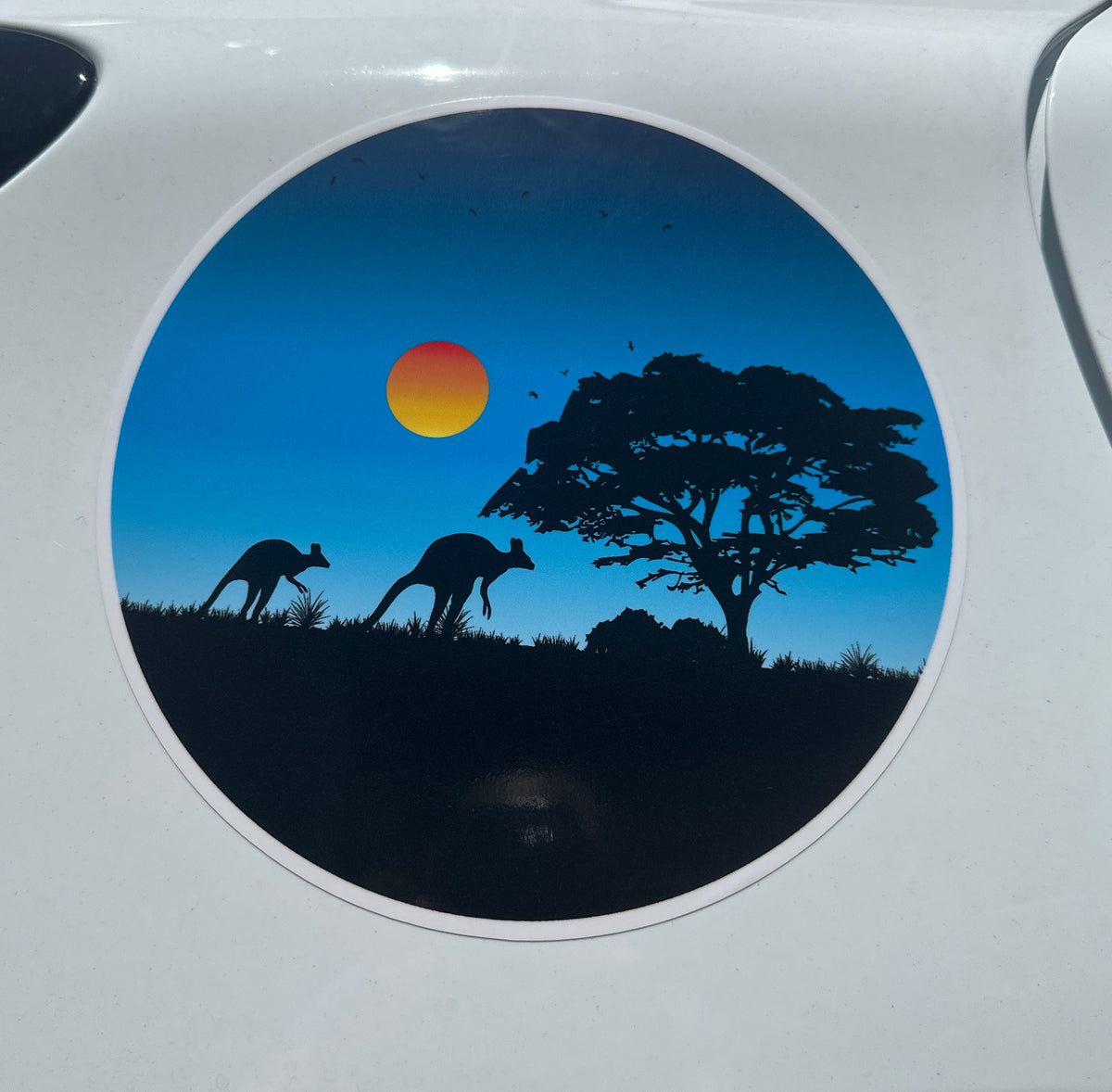 Blue Kangaroo Sunset Car Decal: Round Australian Vinyl Sticker for RVs, Campers, and 4x4s