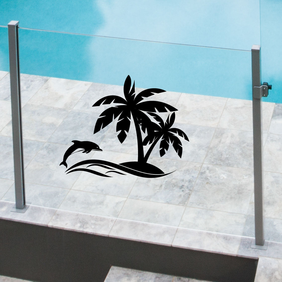 Glass Pool Fence Safety Decals Dolphin and Palm Tree Design