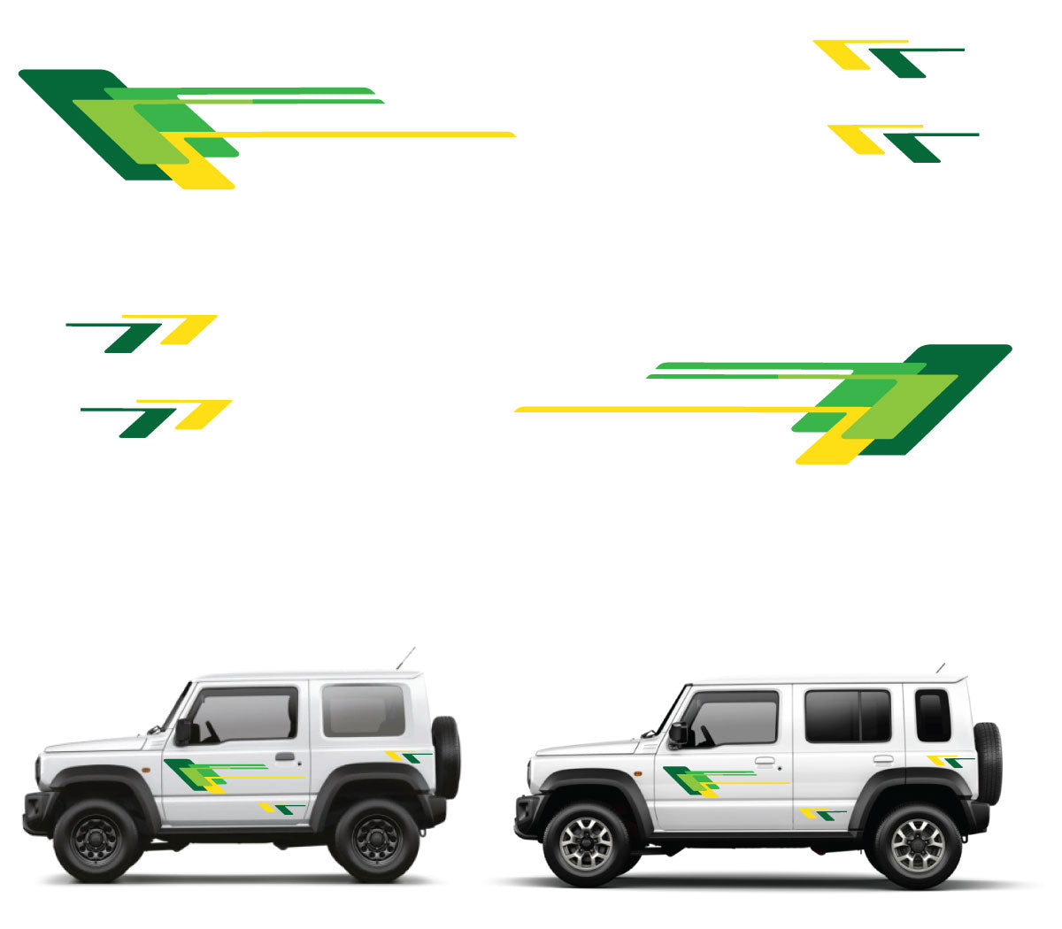 Two white SUVs with green and yellow decals on a white background
