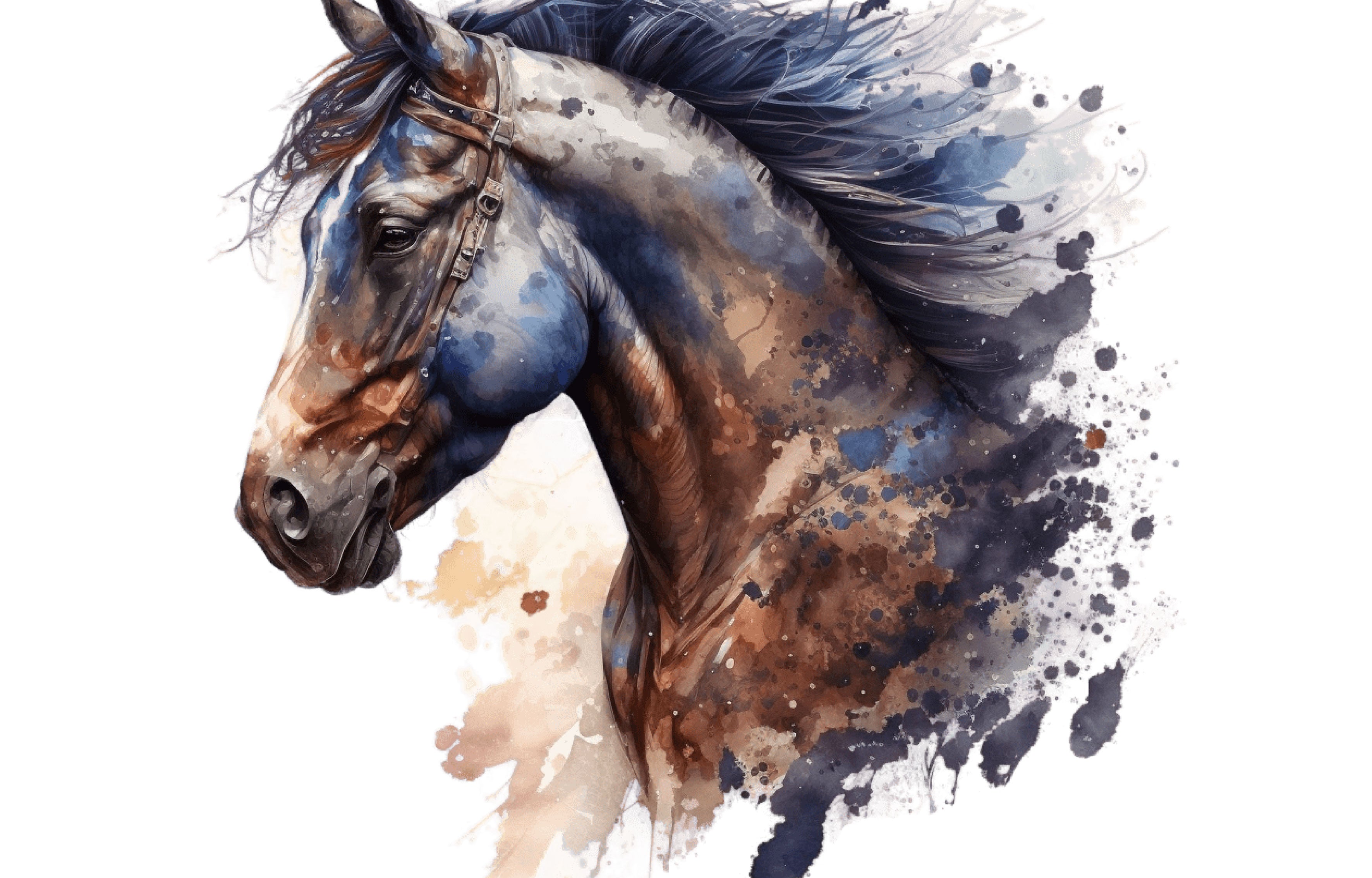 Watercolor-style artwork of a horse head in profile, rendered in blue, brown, beige, and black tones with expressive paint splashes on a white background.