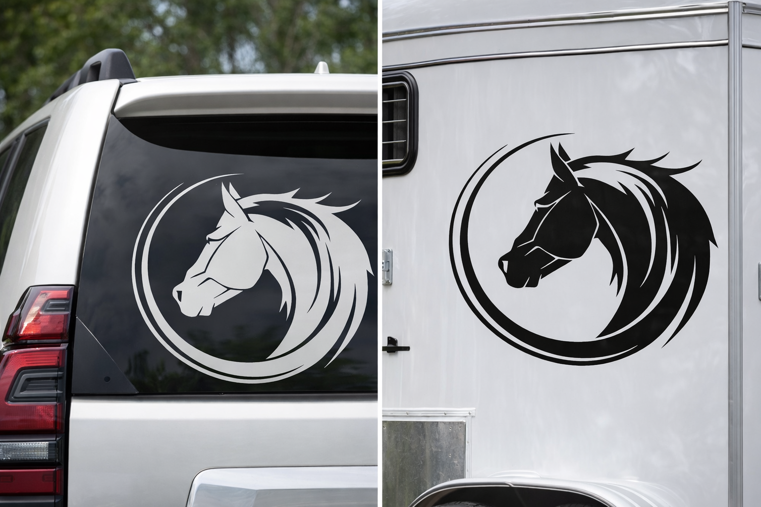 Horse head decal on the back of a vehicle and a trailer.