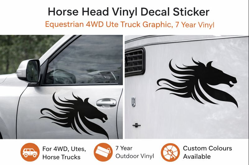 Horse head vinyl decal sticker on a car window with product details.