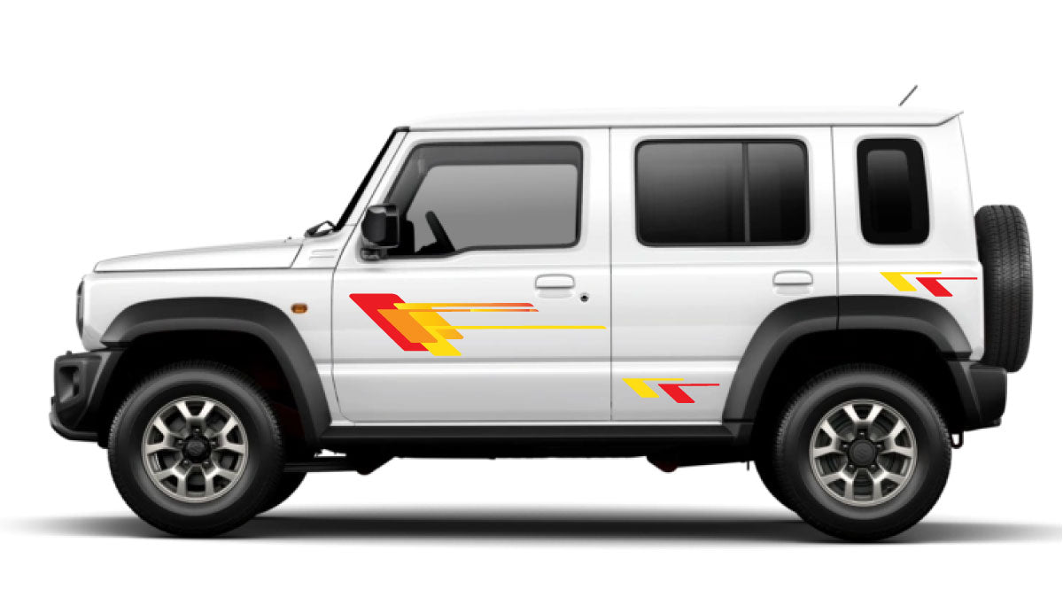 White SUV with red and yellow stripes on a white background