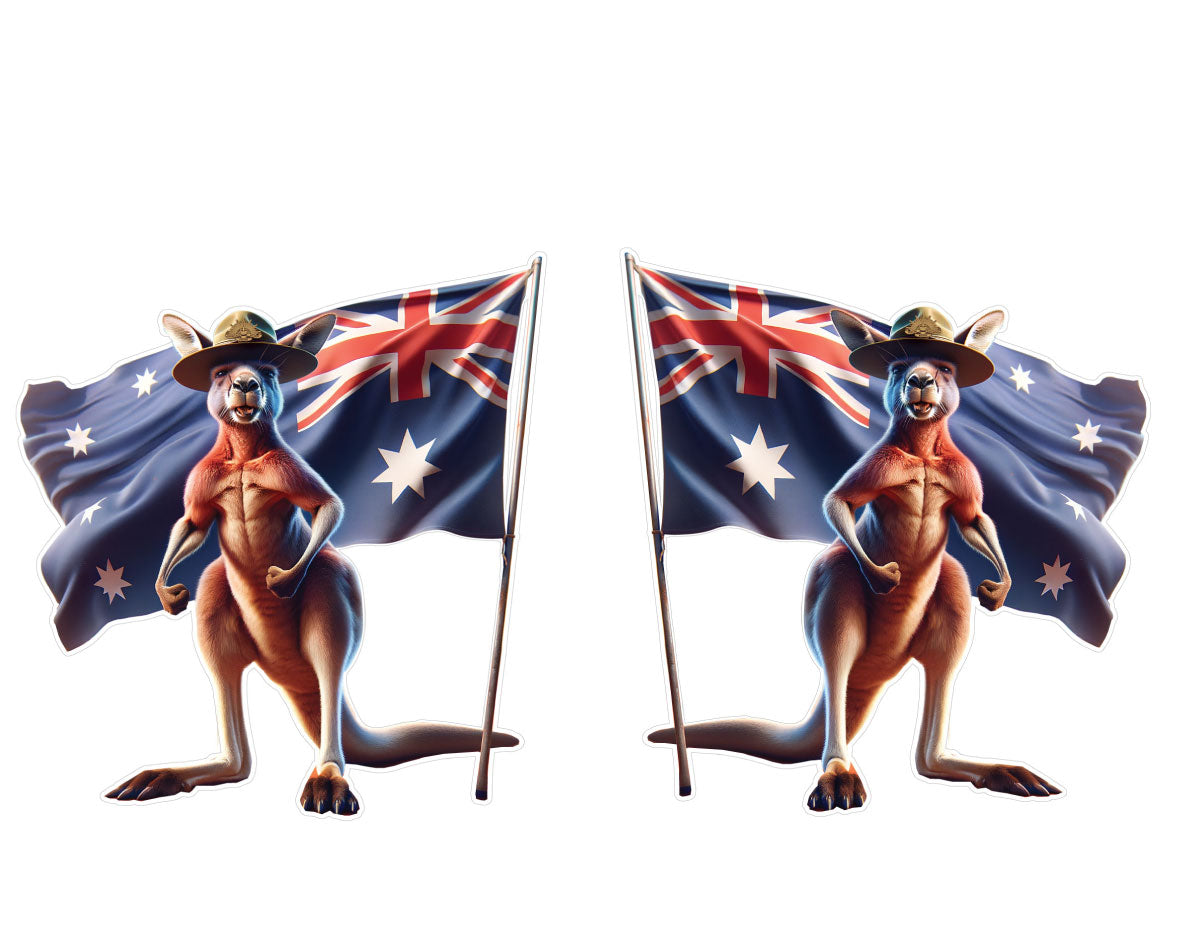 Kangaroo with flag and aussie army slouch  hat sticker decal vehicle, window, car . motorhome camper van truck