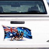 White 4WD vehicle with an Australian flag and dog design on the back