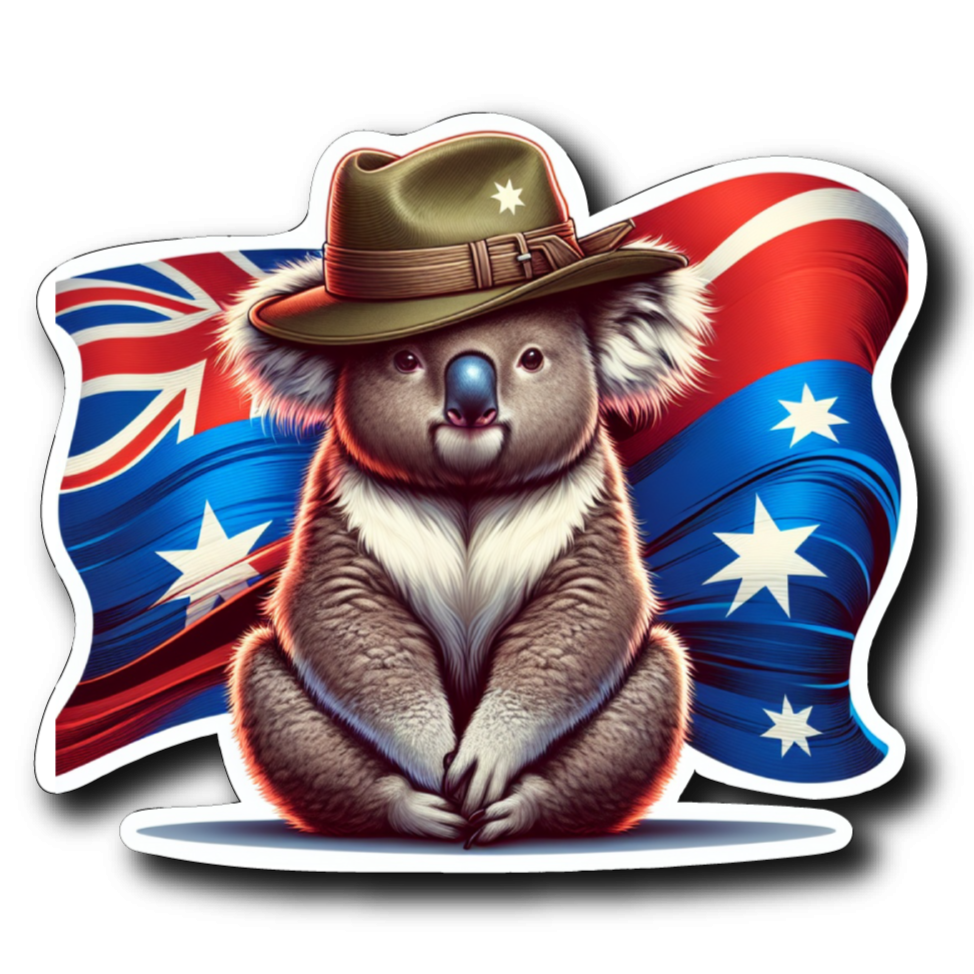 Sticker of a koala wearing an army hat with an Australian flag in the background