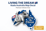 Koala Australia Map Decal with text 'Living the Dream' on a white background
