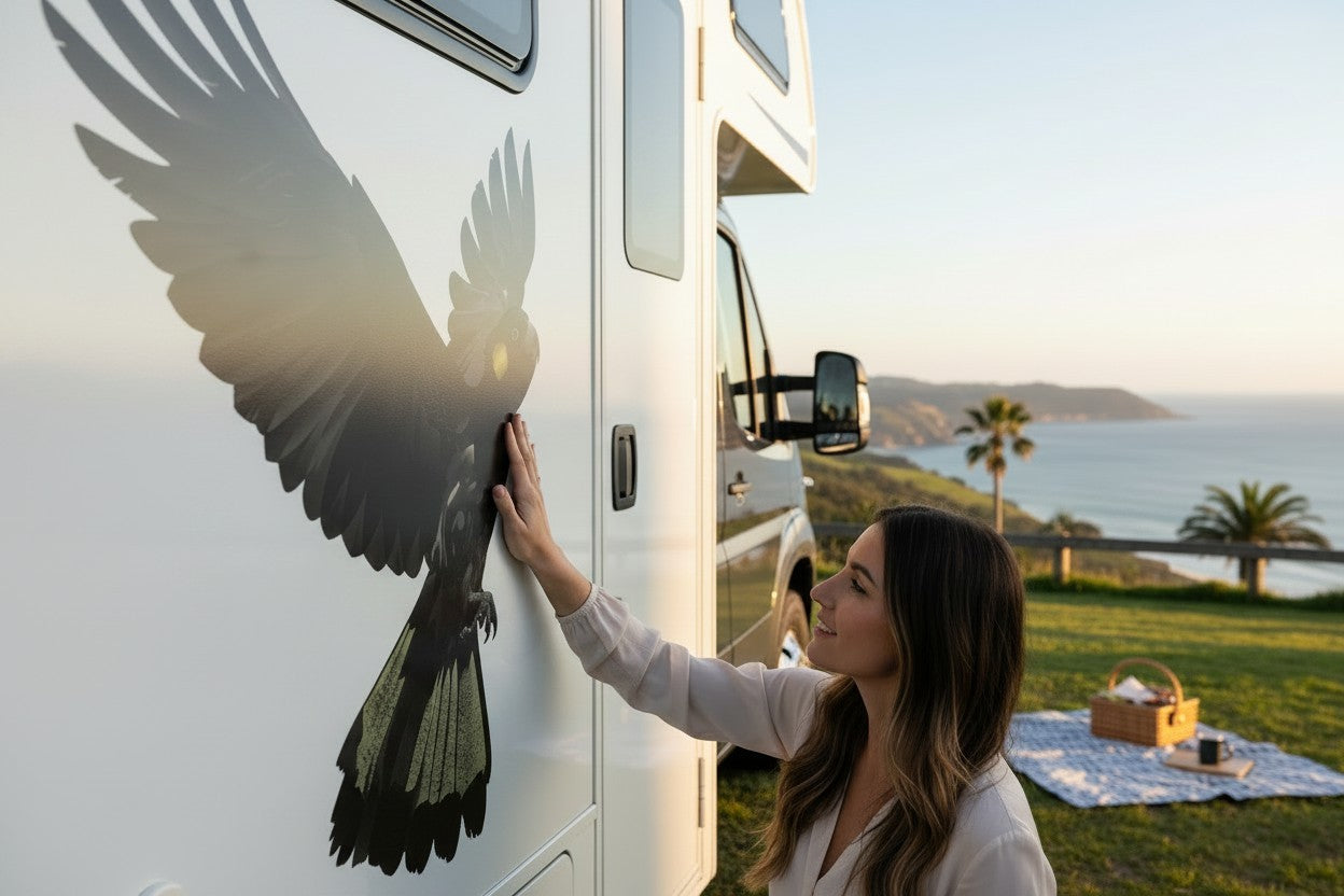 Large Australian Black Cockatoo bird decal applied to the side panel of a white motorhome caravan