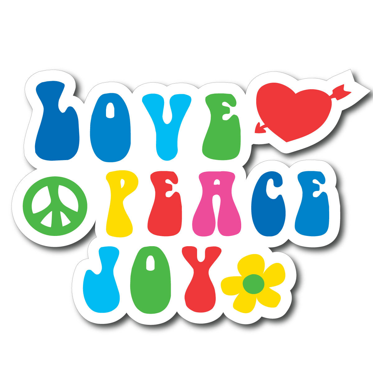Colorful sticker with 'LOVE', 'PEACE', 'JOY' text and symbols on a white background