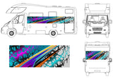 Motorhome wrap print vinyl modern lightening design in pink purple yellow and blue abstract design