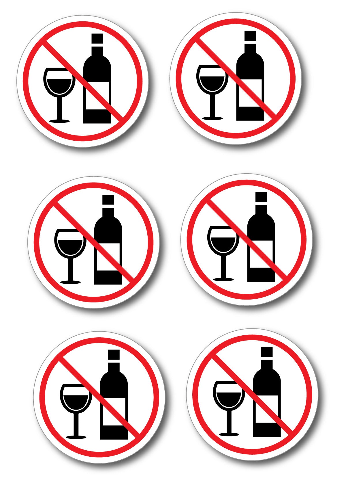 Set of six no drinking signs with bottles and wine glasses crossed out.