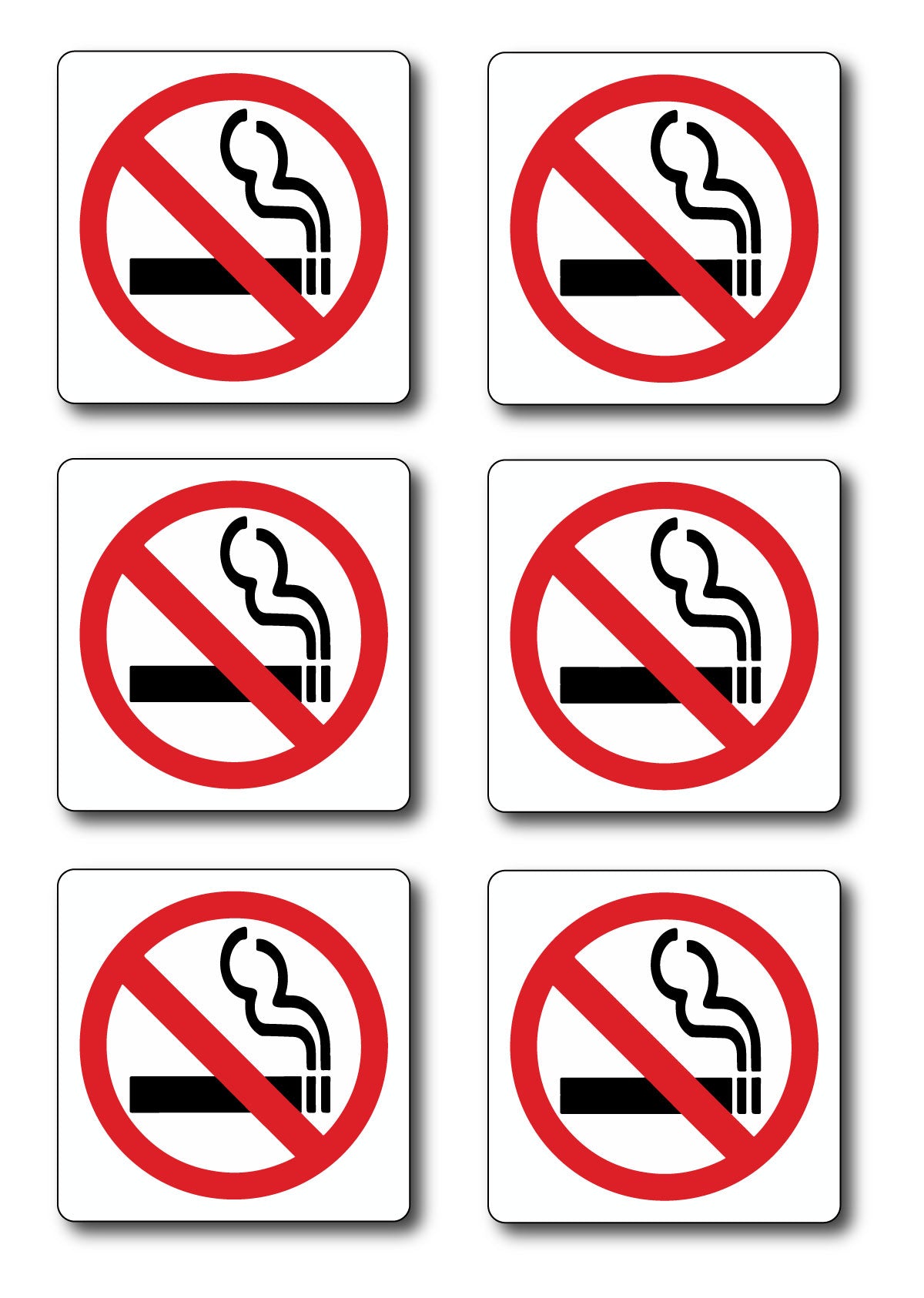 Set of six no smoking signs with red circles and red lines on a white background.