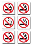 Set of six no smoking signs with red circles and red lines on a white background.