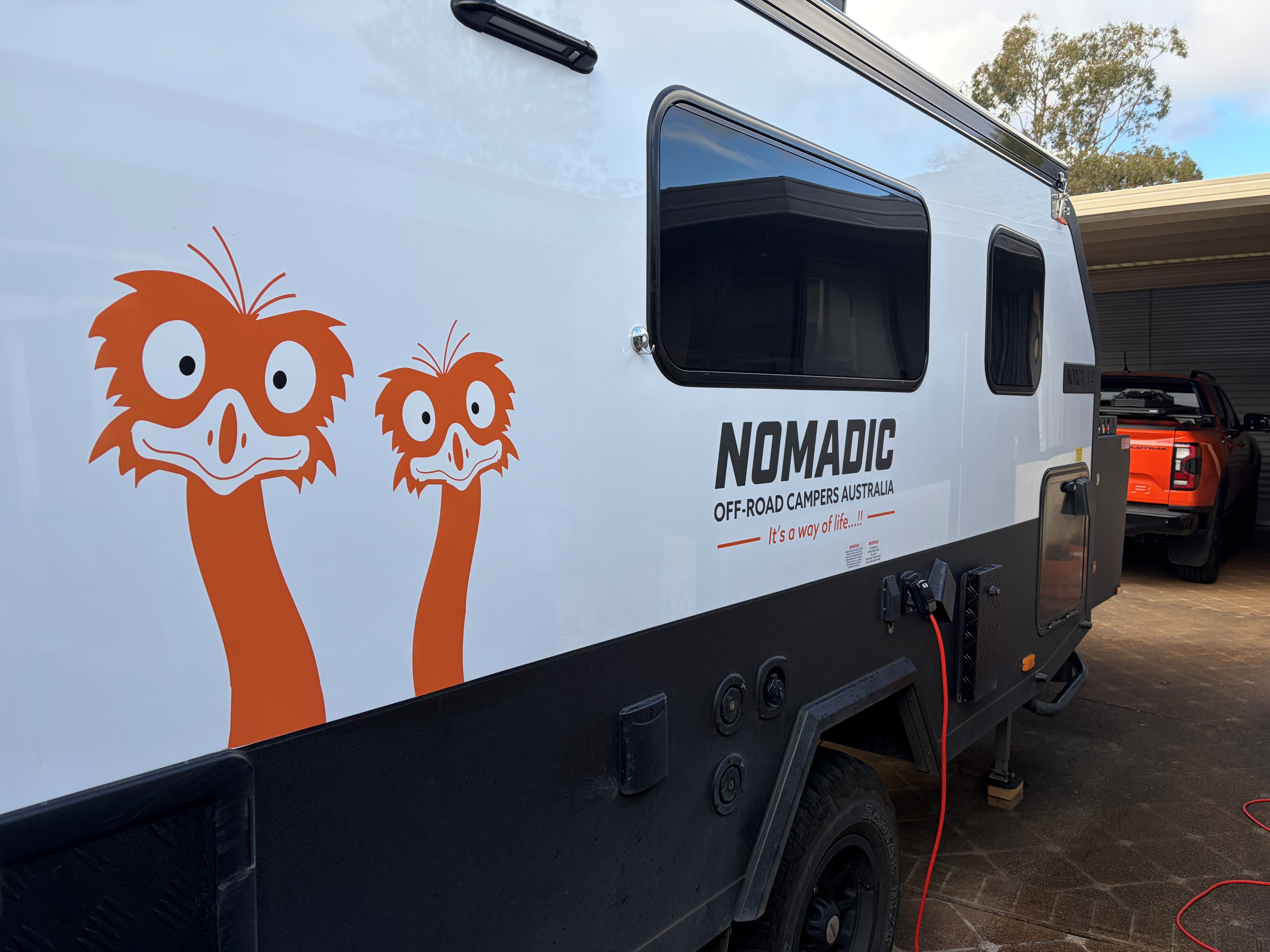 Peeping Emu Decal Sticker on side of motorhome