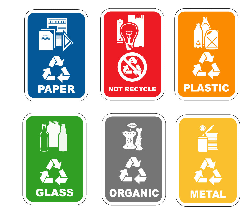 Set of 6 Recycling Stickers for bins information warning signs