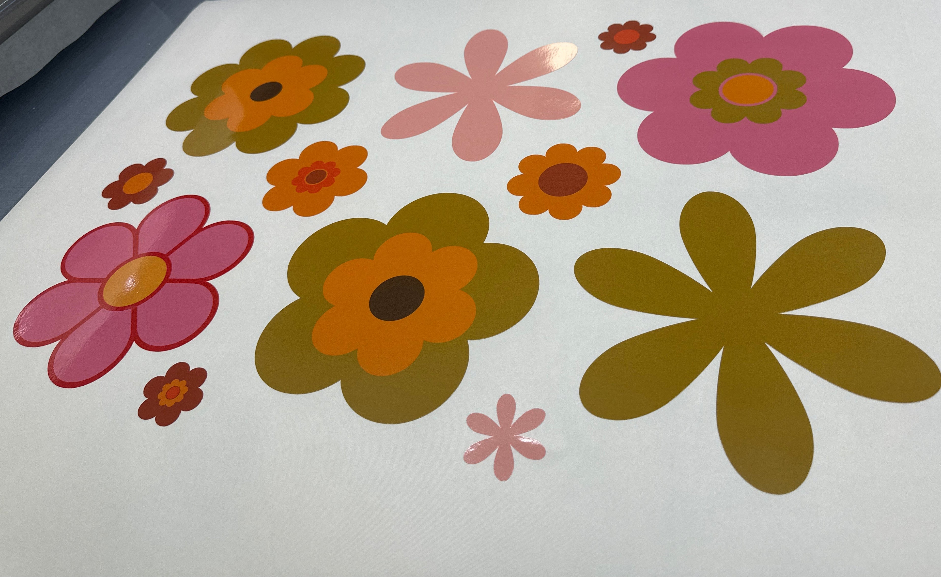 Retro Flower Vinyl Sticker Set, Pre Cut Peel and Stick 70s Hippie Decals in Custom Colours for Cars Motorhomes Vans and Bus Decor