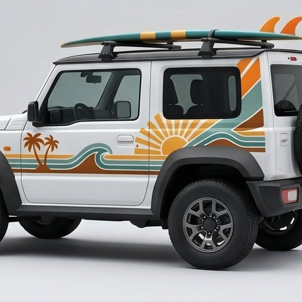 Retro brown orange yellow decals on jimny surf theme