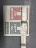 Set of three emergency stickers for vehicles or windows including fire extinguisher, first aid, and snake bite kit in red, white, and green colors.