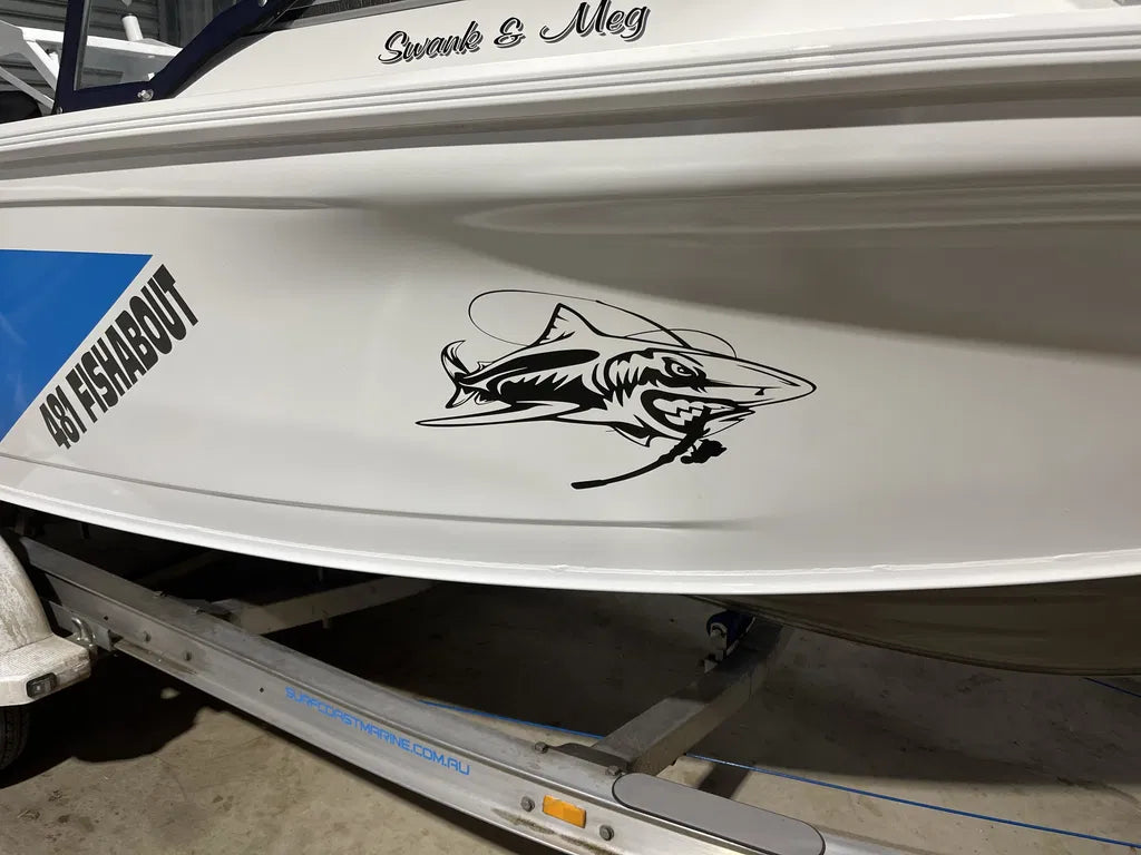 Large Vinyl Shark Boat Decal: Aggressive Hull Graphic for Fishing Boats