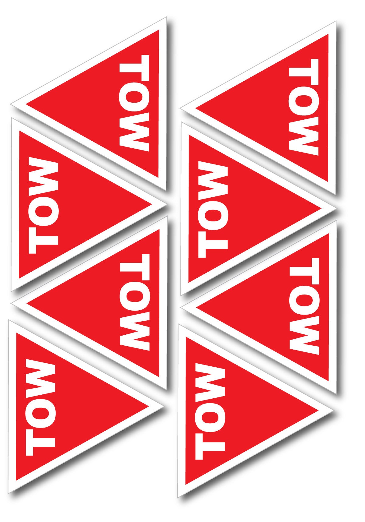 Red triangular tow signs with white text on a white background