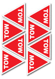 Red triangular tow signs with white text on a white background