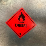 Flammable diesel fuel warning sticker applied near a diesel fuel filler point