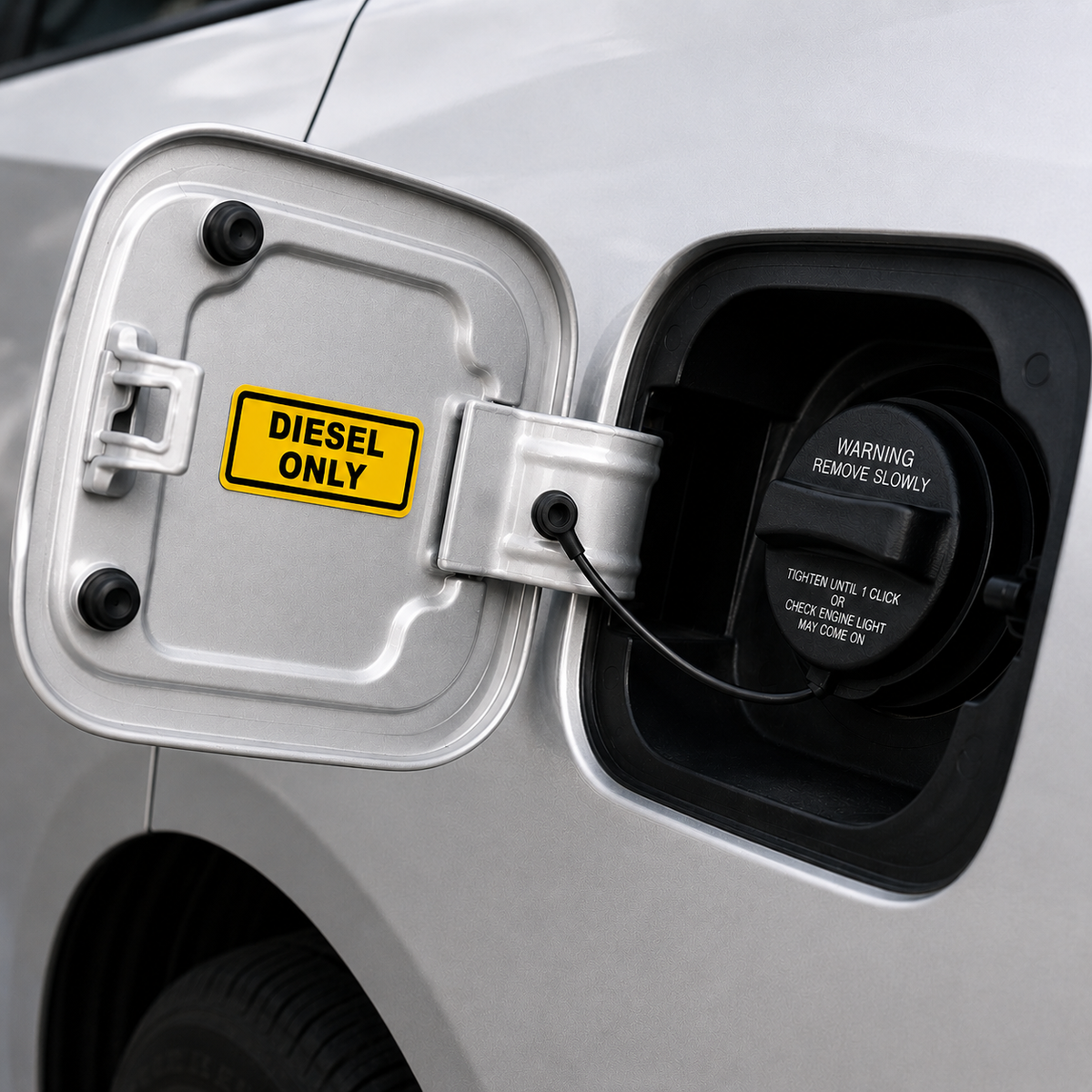 Diesel Only fuel identification sticker applied beside a vehicle fuel filler cap