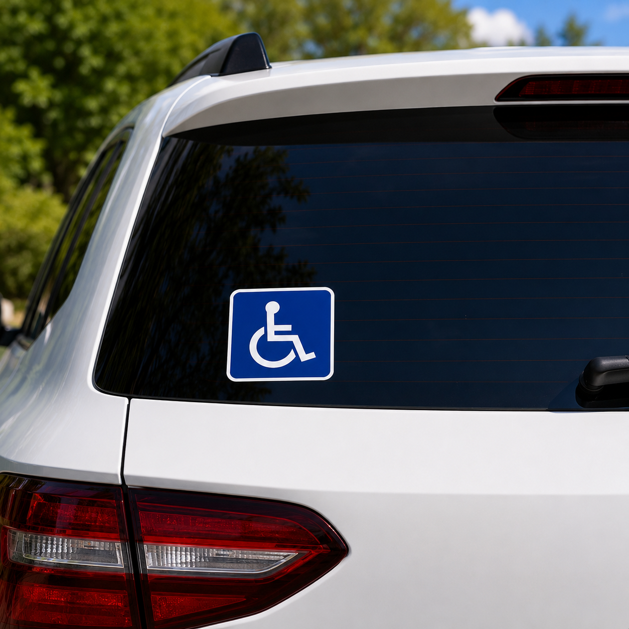 Disabled parking sticker displayed on the rear window of a white car. Premium weatherproof vinyl decal with wheelchair accessibility symbol and white border.