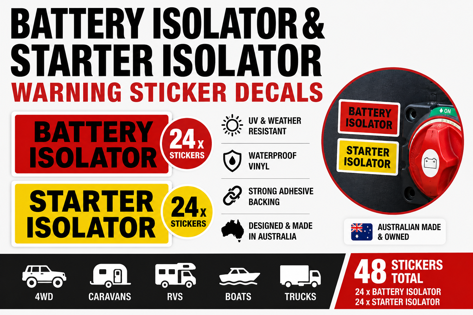 Battery isolator and starter isolator warning sticker decals with product details on a white background.