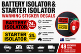 Battery isolator and starter isolator warning sticker decals with product details on a white background.