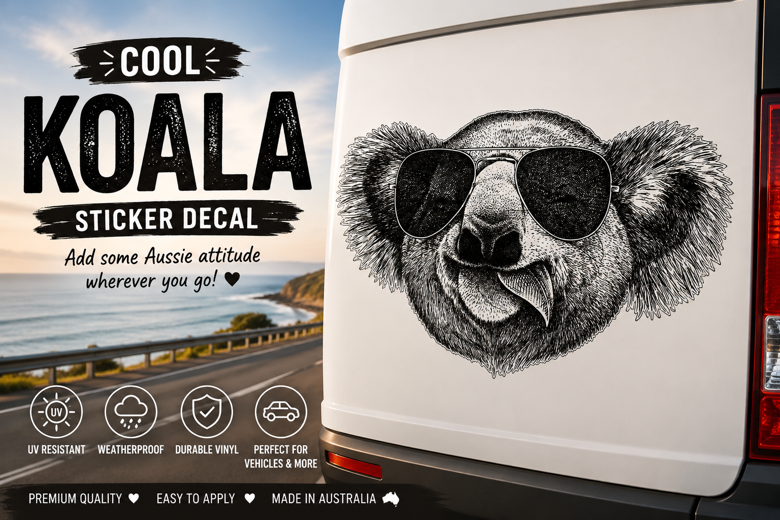 Sticker decal of a koala wearing sunglasses on a car, with promotional text and icons.