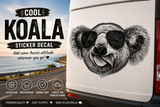 Sticker decal of a koala wearing sunglasses on a car, with promotional text and icons.