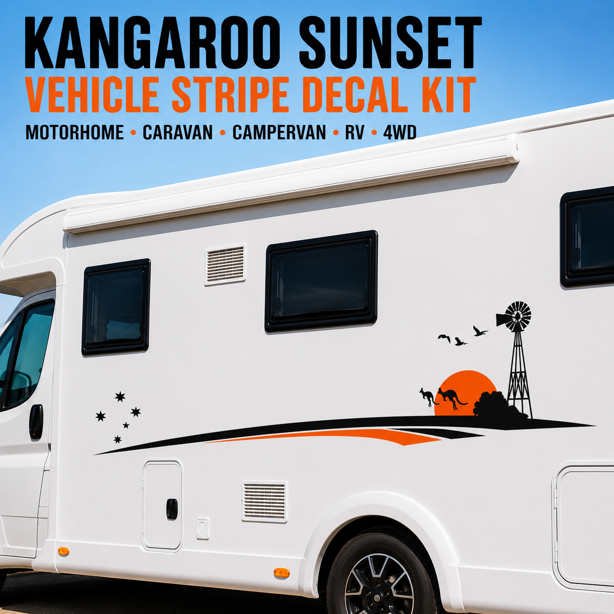 Kangaroo Sunset vehicle stripe decal kit applied to a white RV with a sunset design.