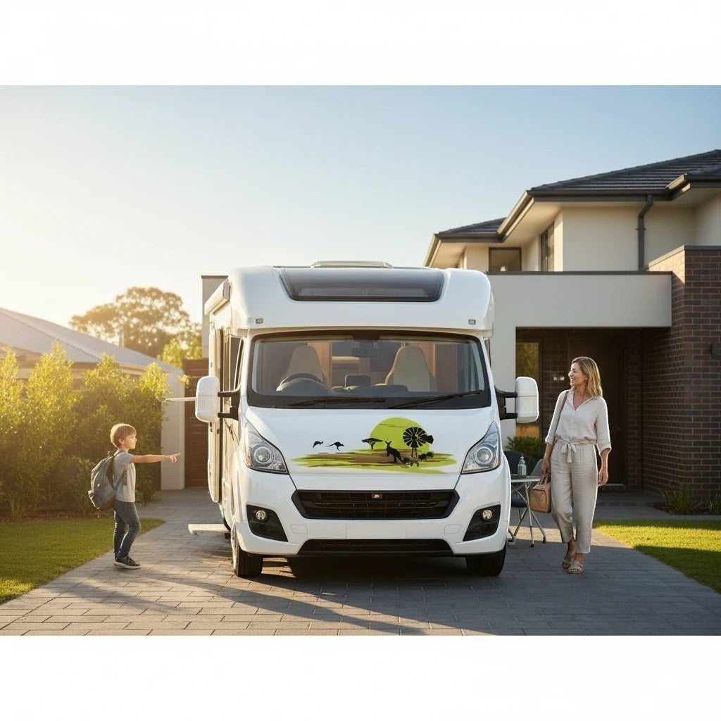 Mega Sticker Store Australian-themed vinyl decal on a white motorhome parked in a suburban driveway with a family.