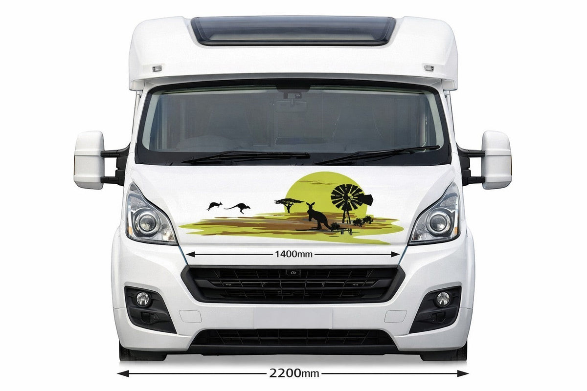 Mega Sticker Store Australian-themed vinyl decal on a white motorhome bonnet featuring a kangaroo and windmill design.