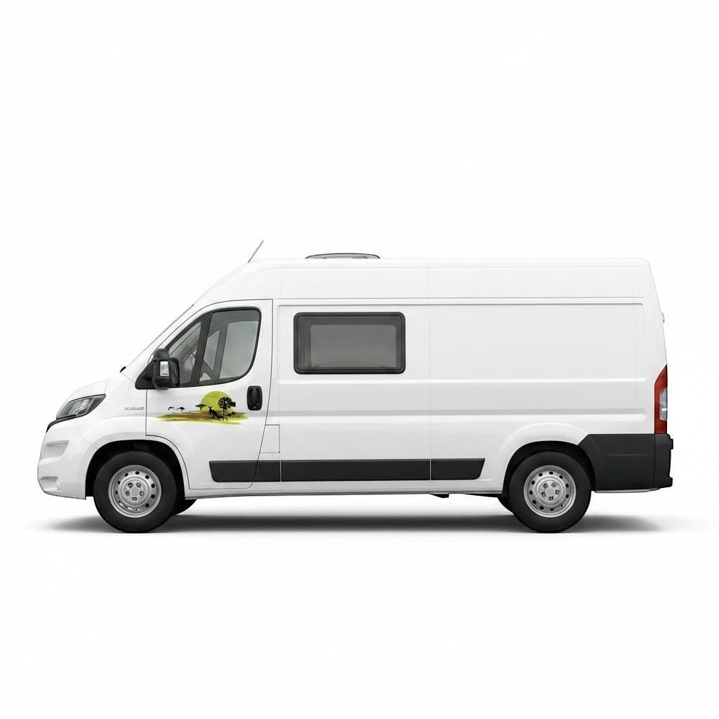 Mega Sticker Store Australian-themed green and brown stripe vinyl decal on the side of a white camper van
