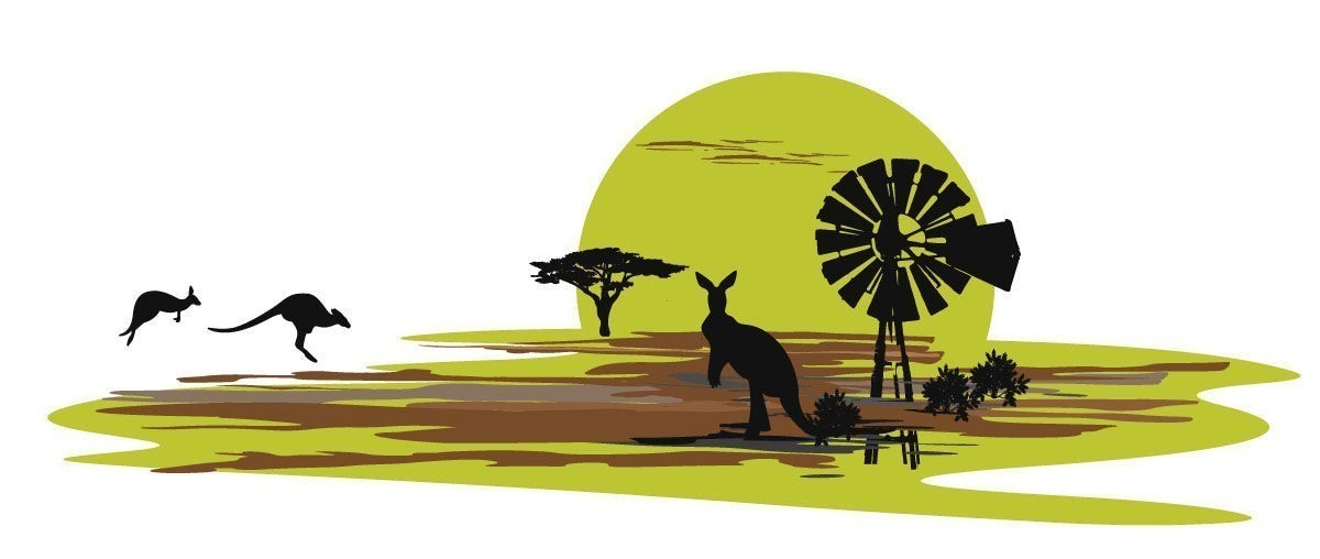 Mega Sticker Store Australian-themed vinyl decal featuring kangaroos, a windmill, and a tree in green and brown tones.