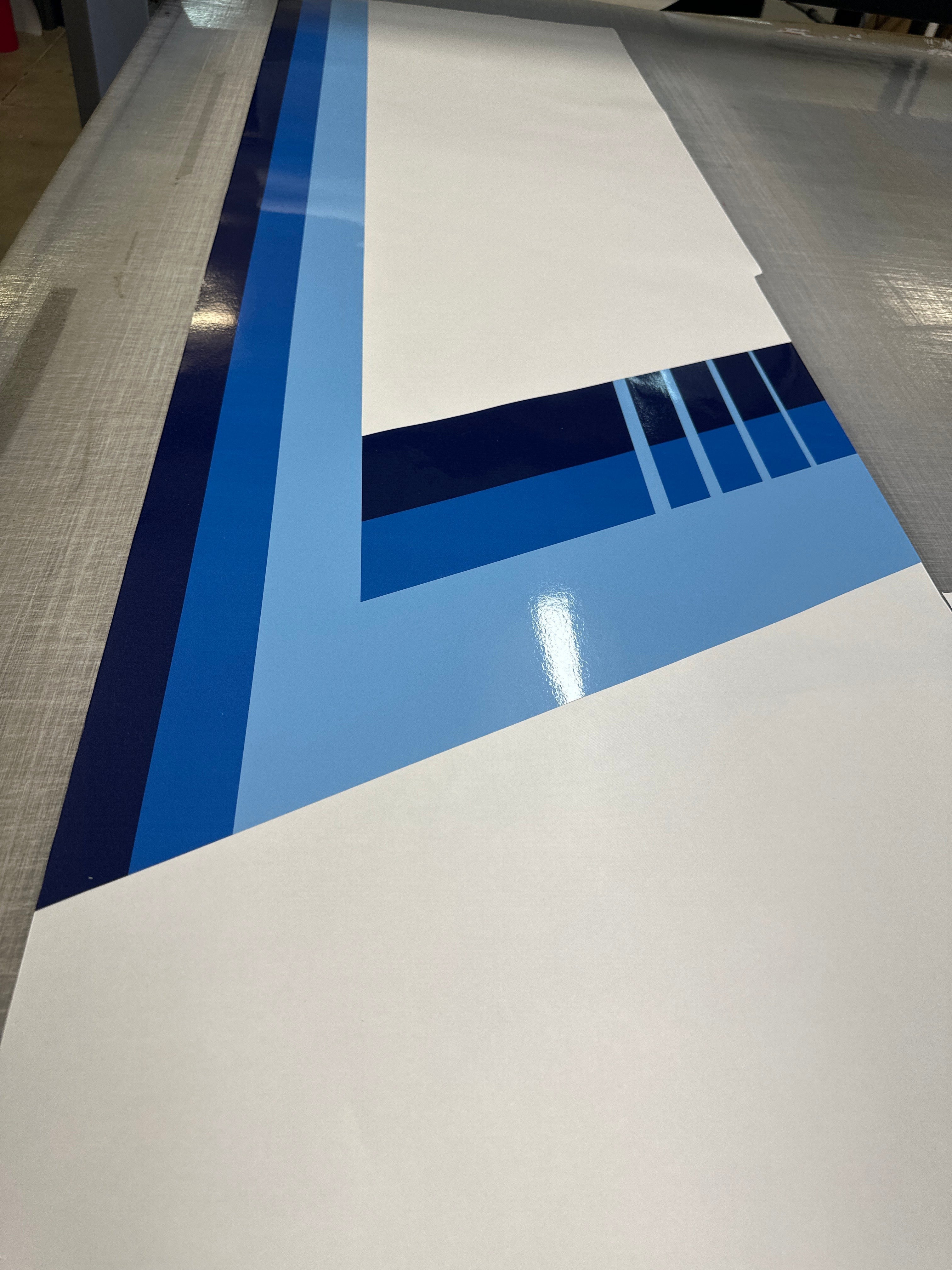 Mega Sticker Store blue retro vehicle vinyl stripe decal with geometric lines on a white background