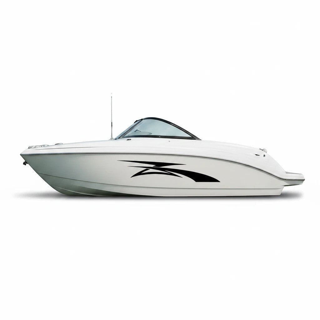 Mega Sticker Store black racing stripe vinyl decal applied to the side of a white speed boat for a sporty look.