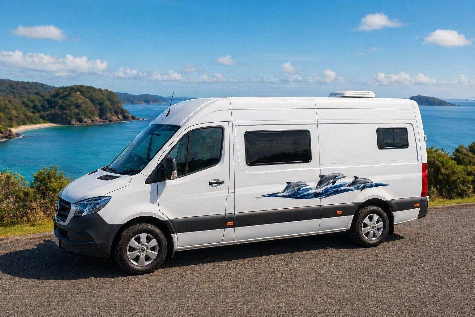 Mega Sticker Store dolphin and wave vinyl decal applied to the side of a white campervan overlooking the ocean.