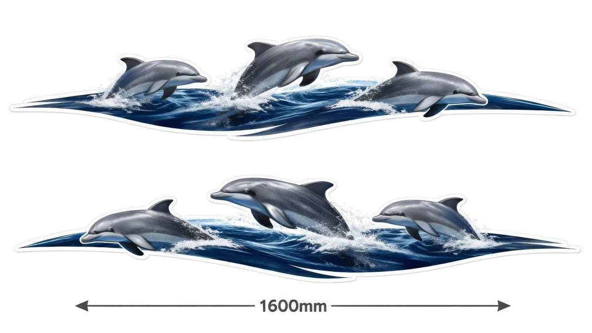 Mega Sticker Store dolphin and wave vinyl decals for motorhomes, caravans, and boats with gloss UV-resistant finish.